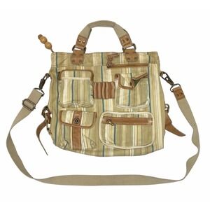 Vintage Fossil Y2K Green Beige Hobo Shoulder Bag Purse With Handles 16x14